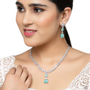 Rhodium-Plated Sea Green Square American Diamonds Studded Pendulous Necklace & Earrings Jewellery Set