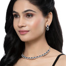 Rhodium-Plated Navy Blue American Diamonds Studded Quadrate Shaped Necklace & Earrings Jewellery Set