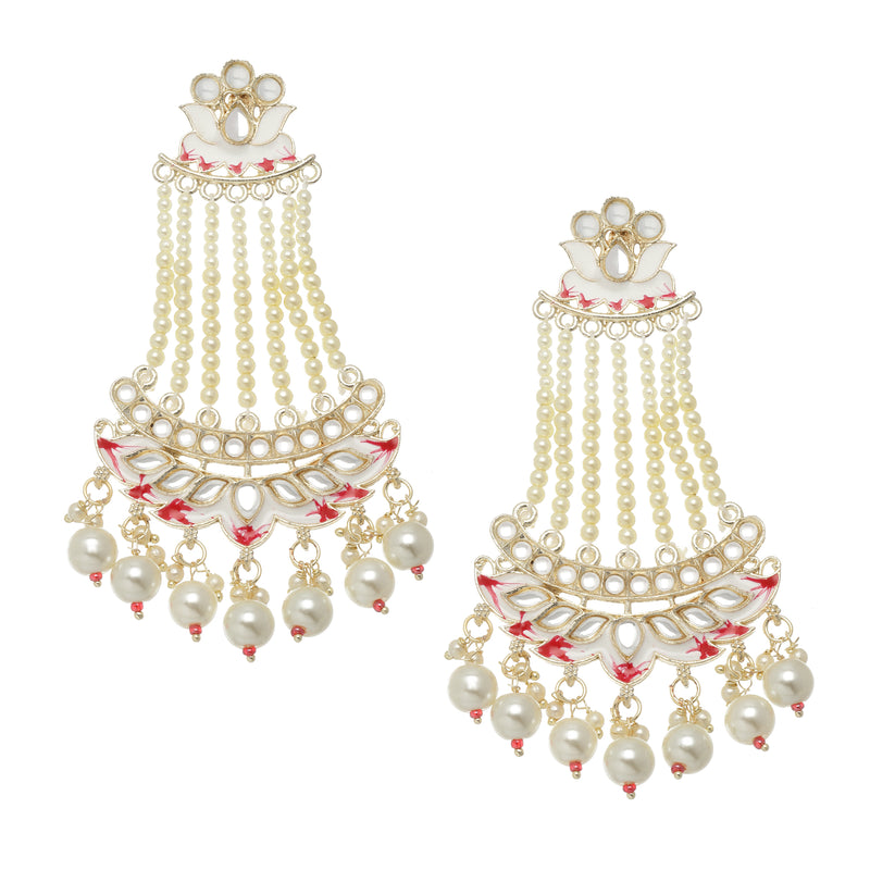 Gold-Plated White Pearls studded & White Enamelled Floral Shaped Drop Earrings