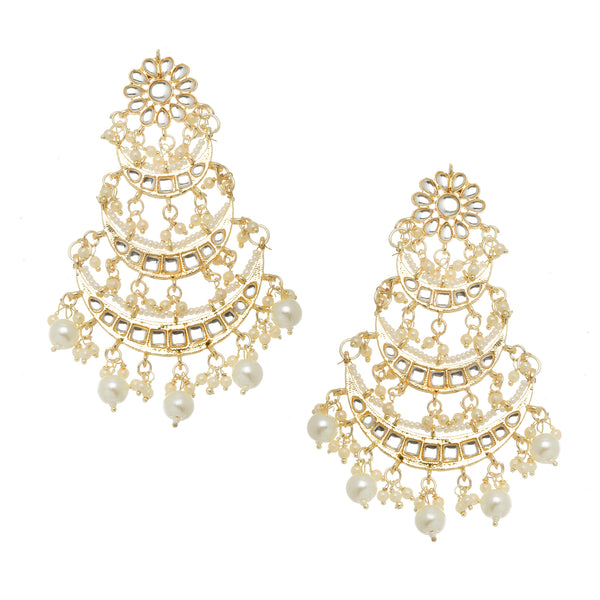 Gold-Plated White Pearls & Kundan studded Crescent Shaped Vilandi Drop Earrings