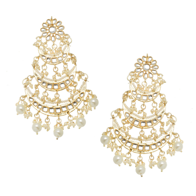 Gold-Plated White Pearls & Kundan studded Crescent Shaped Vilandi Drop Earrings