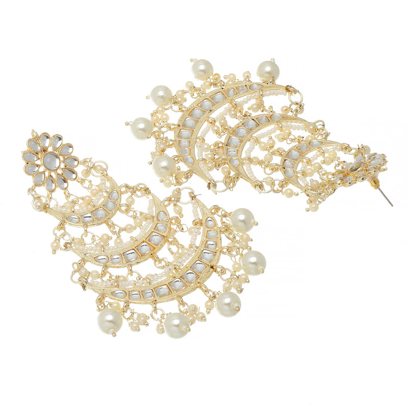 Gold-Plated White Pearls & Kundan studded Crescent Shaped Vilandi Drop Earrings