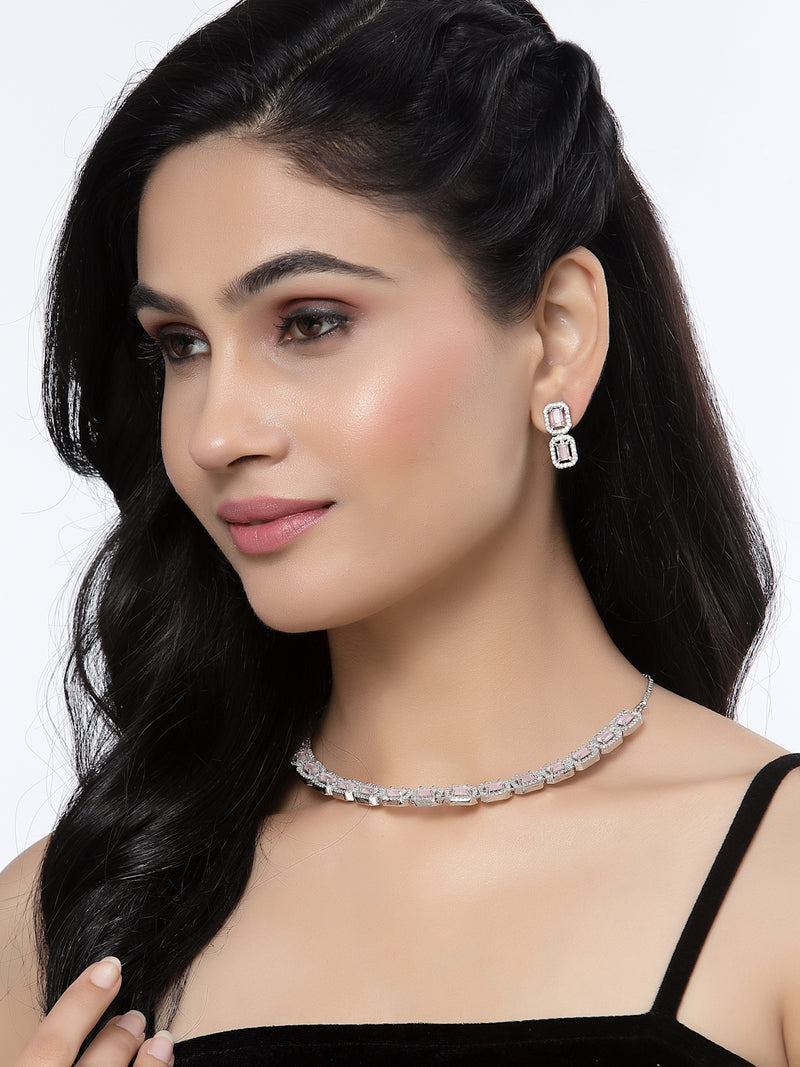 Rhodium-Plated Pink American Diamonds Studded Quadrate Shaped Necklace & Earrings Jewellery Set