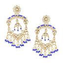 Gold-Plated Navy Blue Pearls & Kundan studded Floral Shaped Chandelier Drop Earrings
