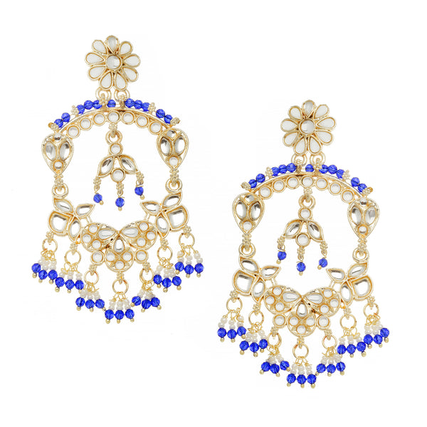 Gold-Plated Navy Blue Pearls & Kundan studded Floral Shaped Chandelier Drop Earrings