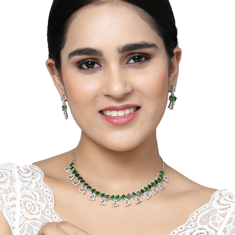 Rhodium-Plated Green American Diamonds Studded Cordate Necklace & Earrings Jewellery Set