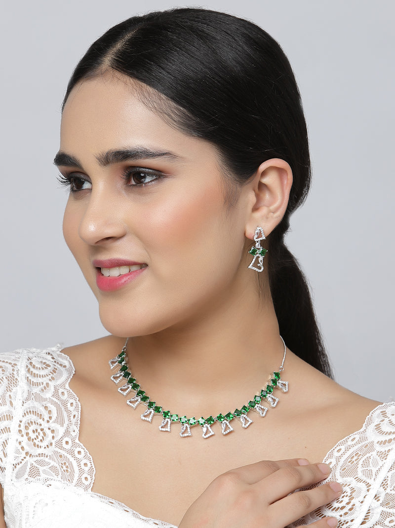Rhodium-Plated Green American Diamonds Studded Cordate Necklace & Earrings Jewellery Set
