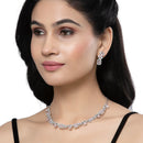 Rhodium-Plated Pink American Diamonds Studded Boxy Necklace & Earrings Jewellery Set