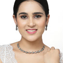 Rose Gold-Plated Gunmetal Toned Sea Green American Diamond Studded Disc-Shaped Necklace & Earrings Jewellery Set