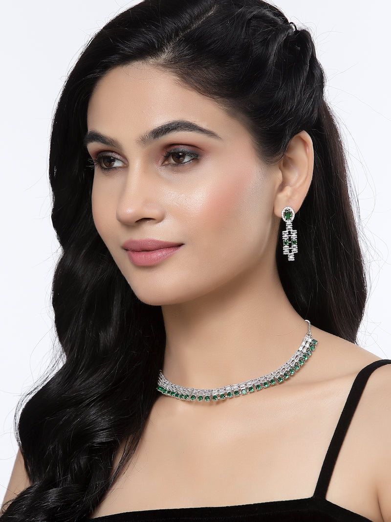 Rhodium-Plated Green Round Shape American Diamonds Studded Necklace & Earrings Jewellery Set