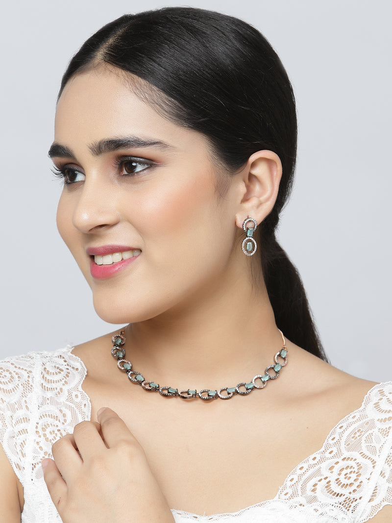 Rose Gold-Plated Gunmetal Toned Sea Green American Diamond Studded Disc-Shaped Necklace & Earrings Jewellery Set