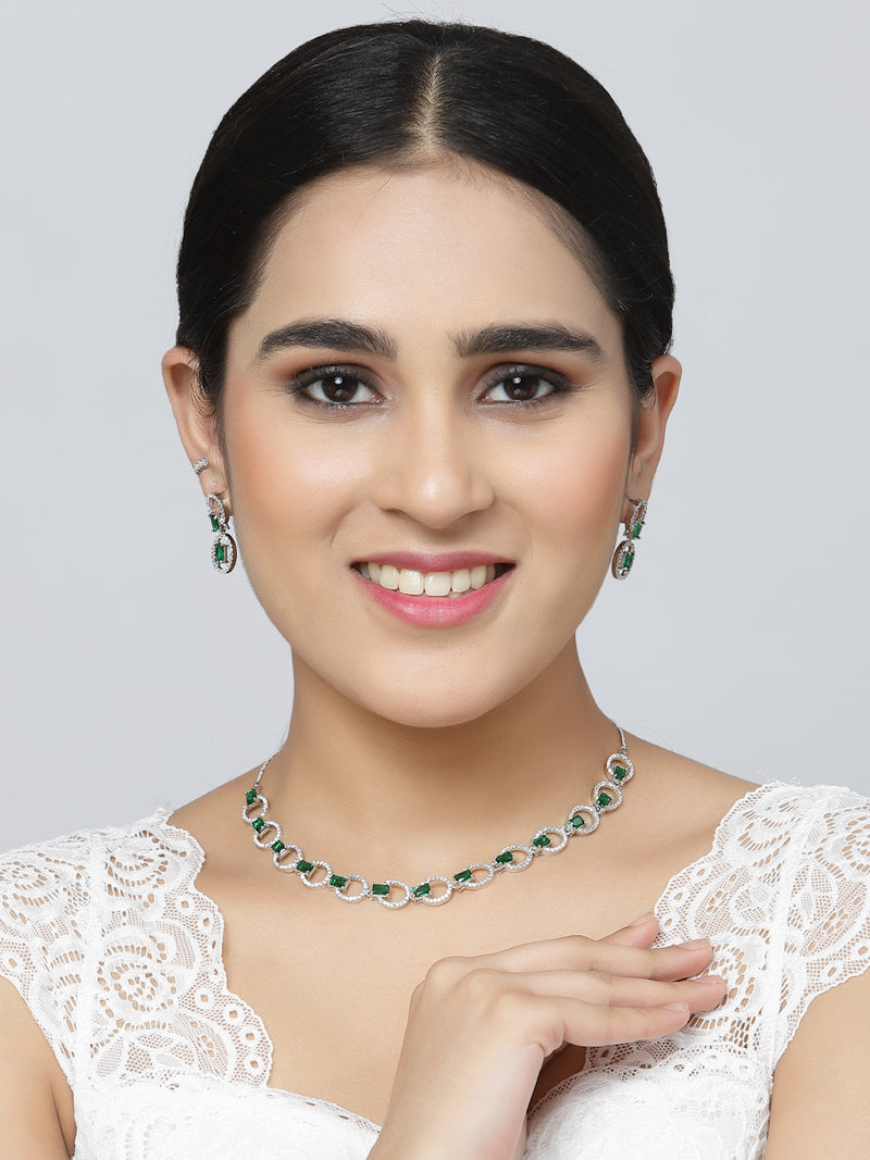 Rhodium-Plated Green American Diamond Studded Disc-Shaped Necklace & Earrings Jewellery Set