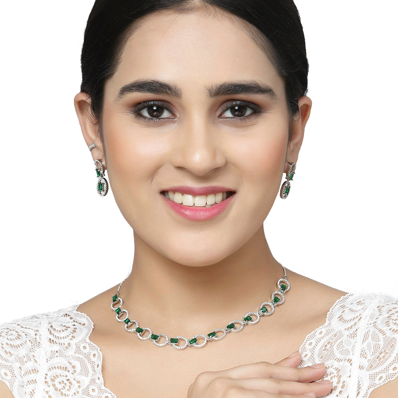 Rhodium-Plated Green American Diamond Studded Disc-Shaped Necklace & Earrings Jewellery Set