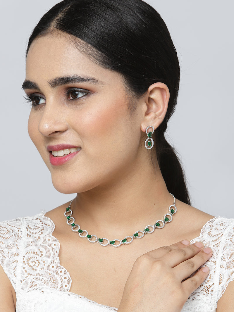 Rhodium-Plated Green American Diamond Studded Disc-Shaped Necklace & Earrings Jewellery Set