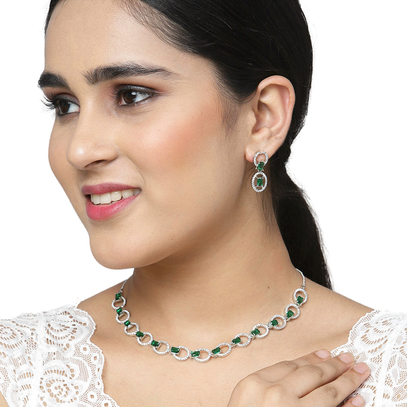 Rhodium-Plated Green American Diamond Studded Disc-Shaped Necklace & Earrings Jewellery Set