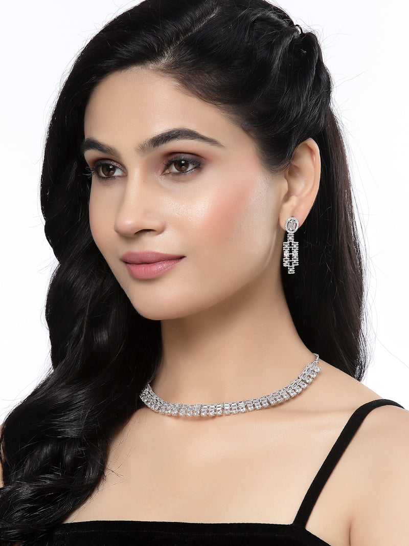 Rhodium-Plated White Round Shape American Diamonds Studded Necklace & Earrings Jewellery Set