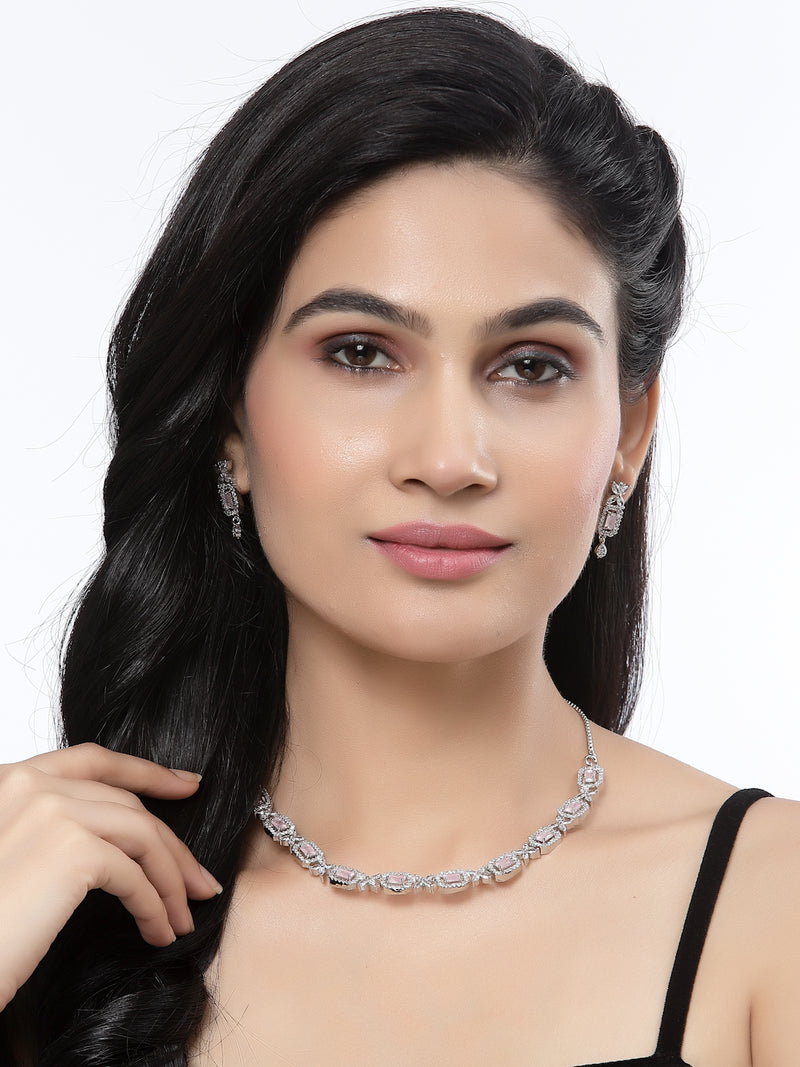 Rhodium-Plated Pink American Diamonds Studded Cubical Necklace & Earrings Jewellery Set
