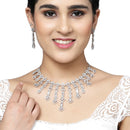 Rhodium-Plated White American Diamond Studded Floral Tasselled Necklace & Earrings Jewellery Set