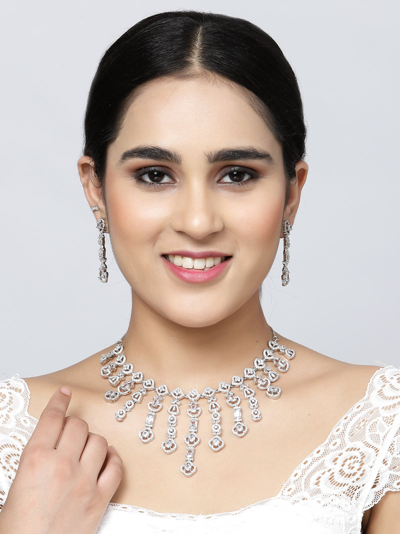 Rhodium-Plated White American Diamond Studded Floral Tasselled Necklace & Earrings Jewellery Set