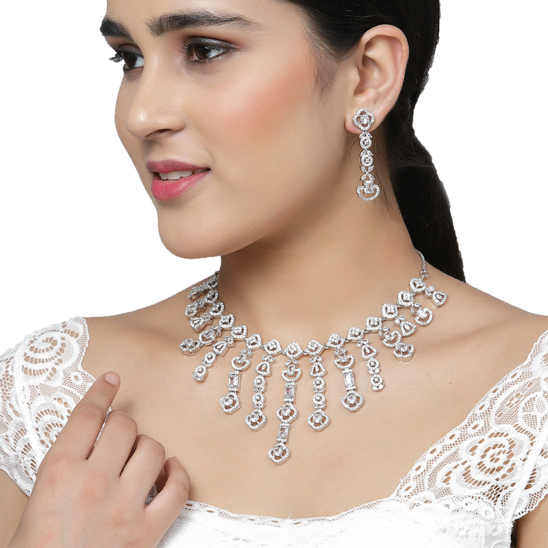 Rhodium-Plated White American Diamond Studded Floral Tasselled Necklace & Earrings Jewellery Set