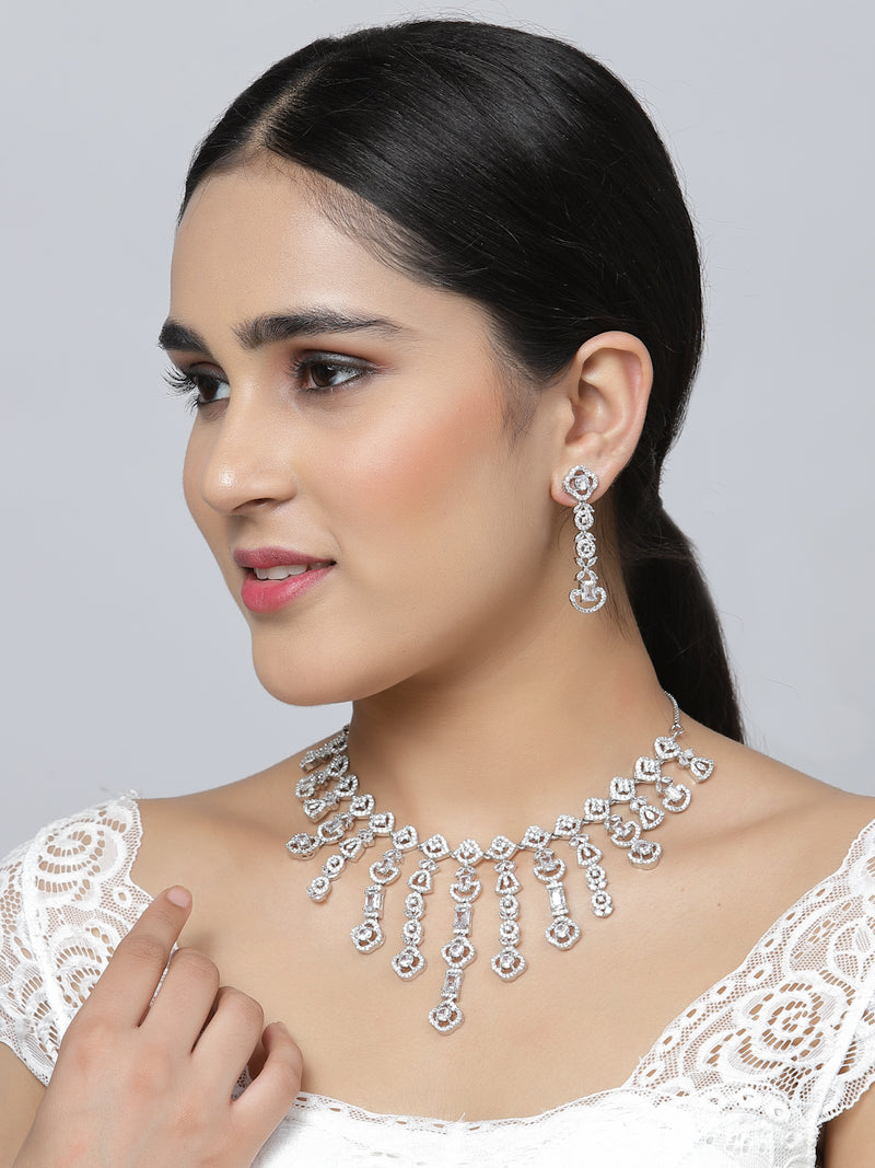 Rhodium-Plated White American Diamond Studded Floral Tasselled Necklace & Earrings Jewellery Set