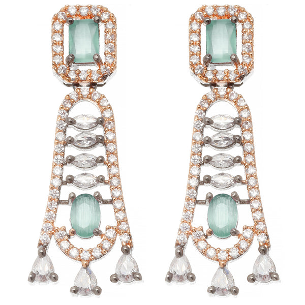 Rose Gold-Plated Gunmetal Toned Sea Green American Diamond studded Classic Contemporary Drop Earring