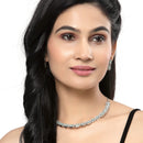 Rhodium-Plated Sea Green American Diamonds Studded Quadrate Shaped Necklace & Earrings Jewellery Set