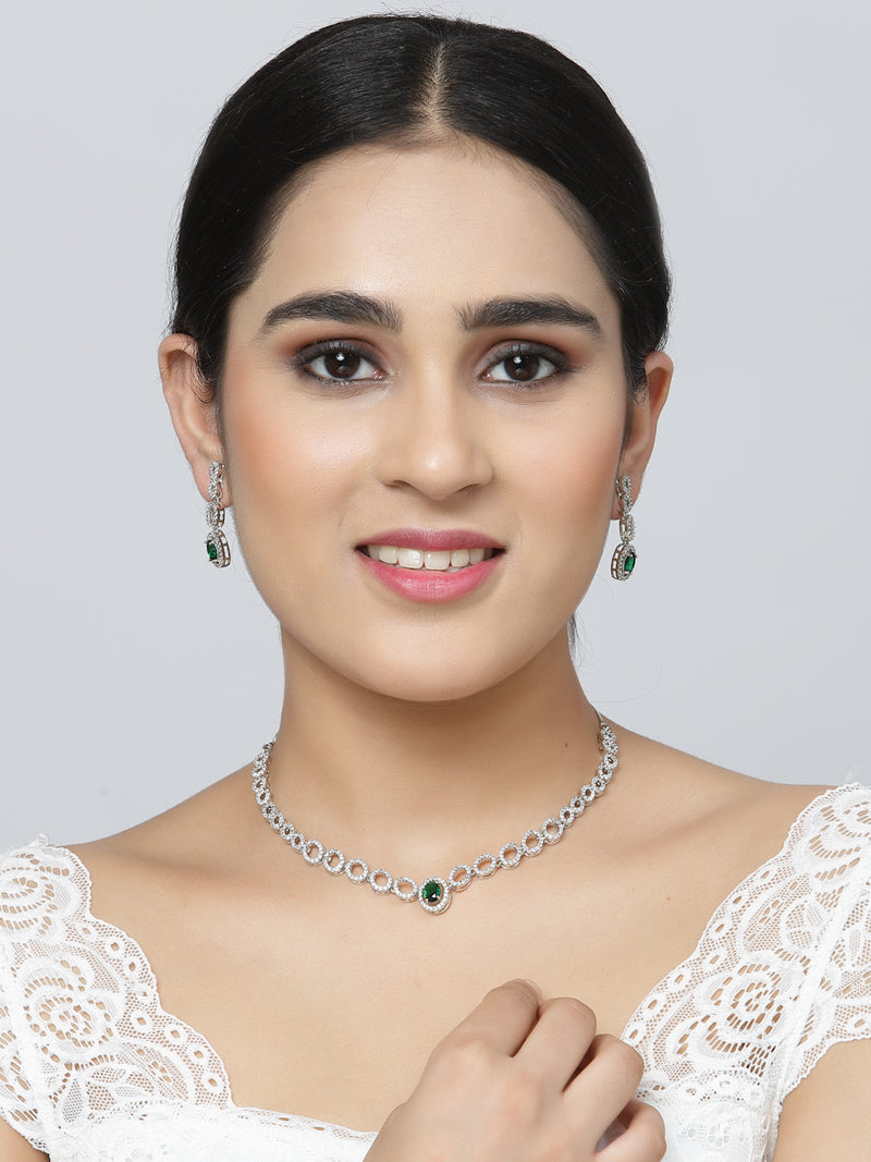 Rhodium-Plated Green American Diamonds Studded Ovate Shaped Necklace & Earrings Jewellery Set