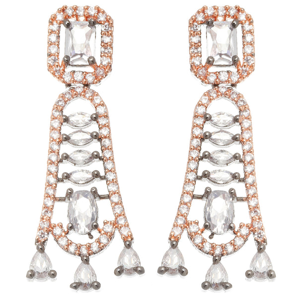 Rose Gold-Plated Gunmetal Toned White American Diamond studded Classic Contemporary Drop Earrings