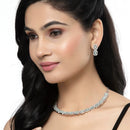 Rhodium-Plated Sea Green American Diamonds Studded Quadrate Shaped Necklace & Earrings Jewellery Set