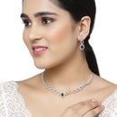 Rhodium-Plated Green American Diamonds Studded Ovate Shaped Necklace & Earrings Jewellery Set