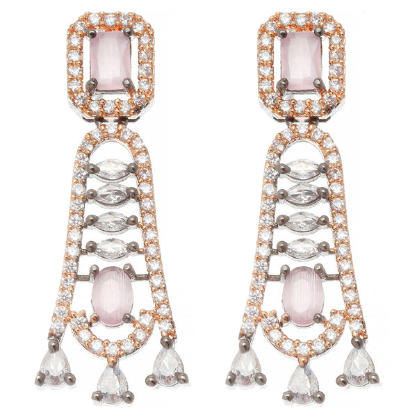 Rose Gold-Plated Gunmetal Toned Pink American Diamond studded Classic Contemporary Drop Earrings