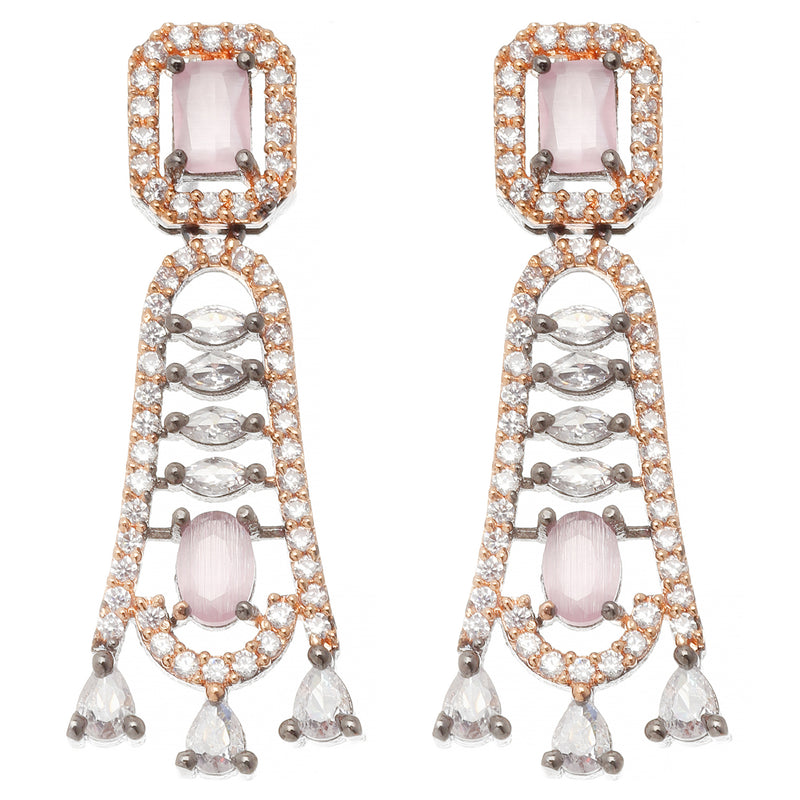Rose Gold-Plated Gunmetal Toned Pink American Diamond studded Classic Contemporary Drop Earrings