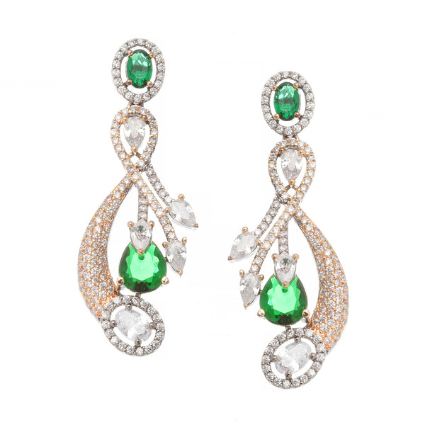 Rose Gold-Plated Gunmetal Toned Green American Diamond studded Quirky Shaped Drop Earrings