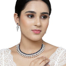 Rhodium-Plated Navy Blue American Diamond Studded Triangular Design Necklace & Earrings Jewellery Set