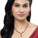 Rhodium-Plated Red American Diamond Studded Fashionable Necklace & Earrings Jewellery Set