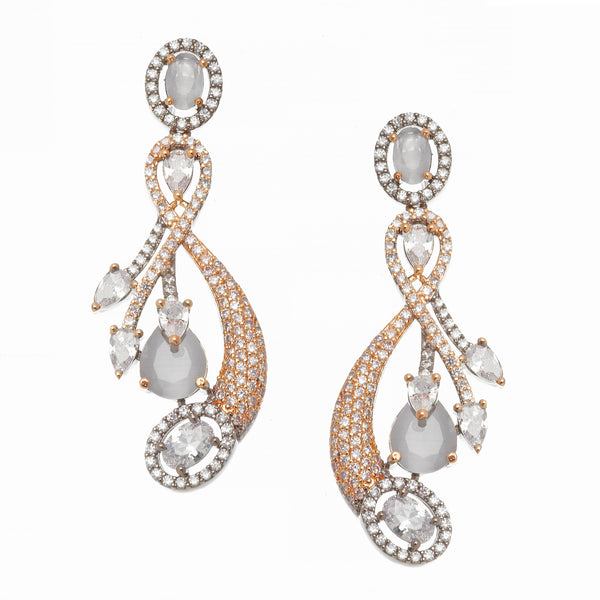 Rose Gold-Plated Gunmetal Toned Grey American Diamond studded Quirky Shaped Drop Earrings
