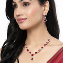 Rhodium-Plated Red American Diamond Studded Fashionable Necklace & Earrings Jewellery Set