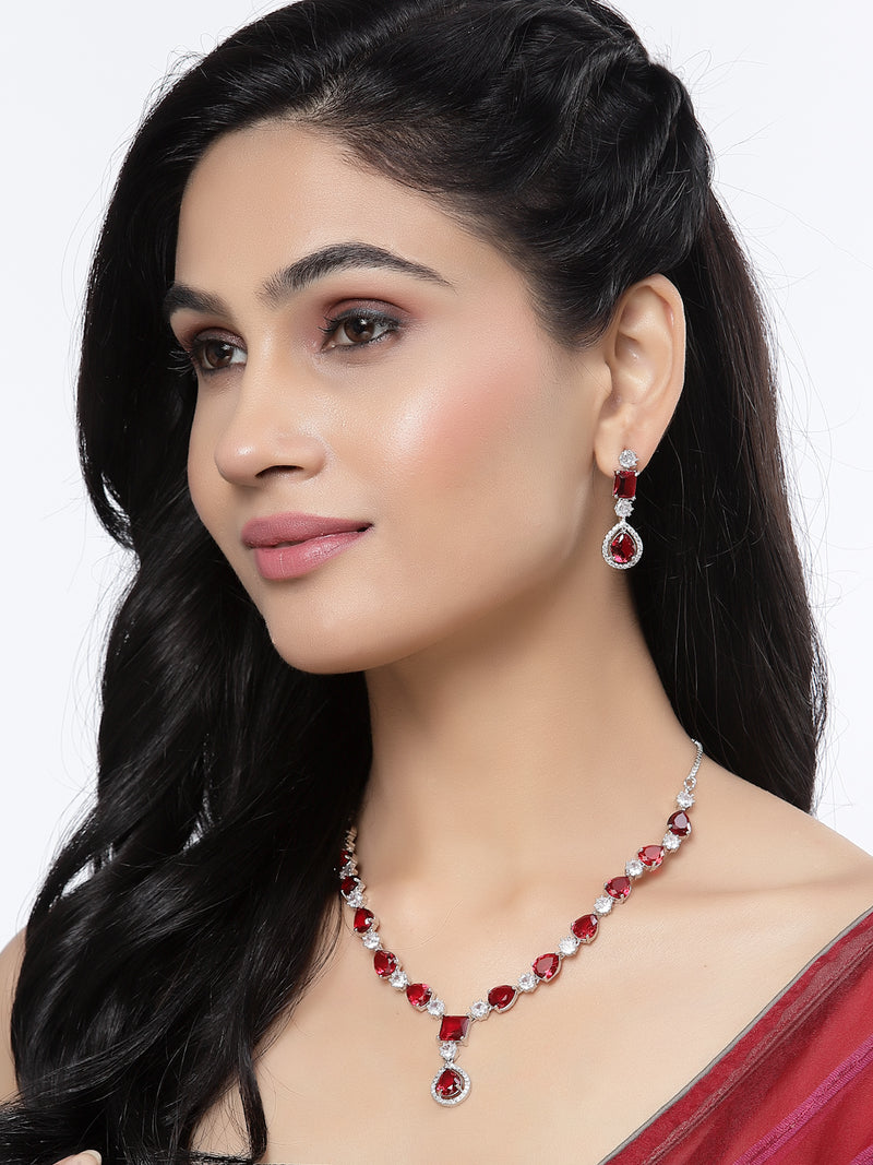 Rhodium-Plated Red American Diamond Studded Fashionable Necklace & Earrings Jewellery Set