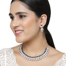 Rhodium-Plated Navy Blue American Diamond Studded Triangular Design Necklace & Earrings Jewellery Set