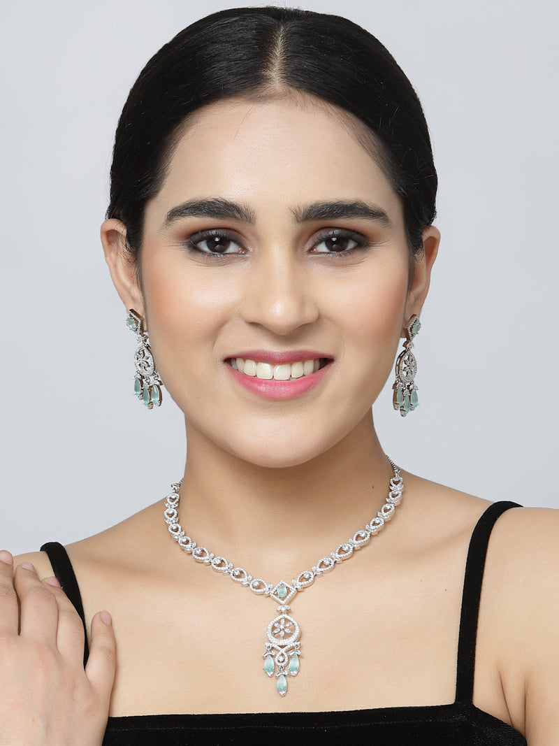 Rhodium-Plated Sea Green Baguette Teardrops American Diamonds Studded Necklace & Earrings Jewellery Set