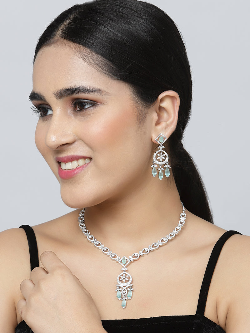 Rhodium-Plated Sea Green Baguette Teardrops American Diamonds Studded Necklace & Earrings Jewellery Set