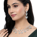 Rhodium-Plated Sea Green American Diamond Studded Outlandish Design Necklace & Earrings Jewellery Set
