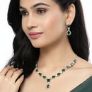 Rhodium-Plated Green American Diamond Studded Fashionable Necklace & Earrings Jewellery Set