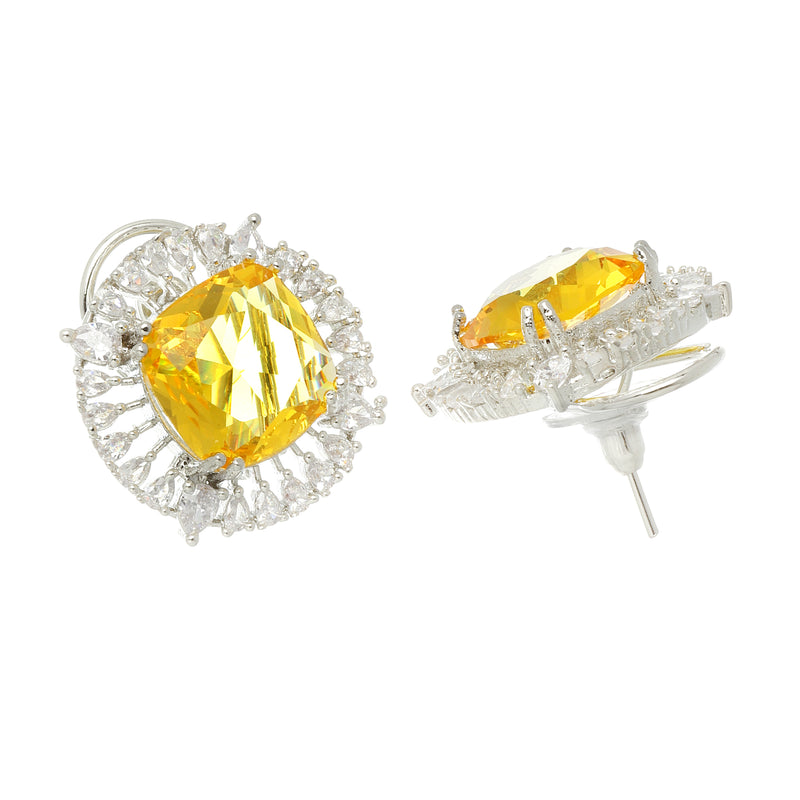 Rhodium-Plated Yellow & White American Diamond studded Contemporary Round Stud Earrings