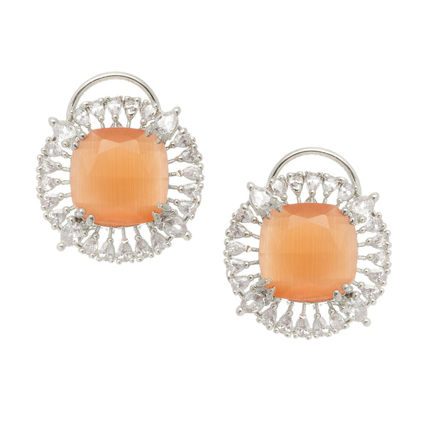 Rhodium-Plated Orange & White American Diamond studded Contemporary Round Stud Earrings