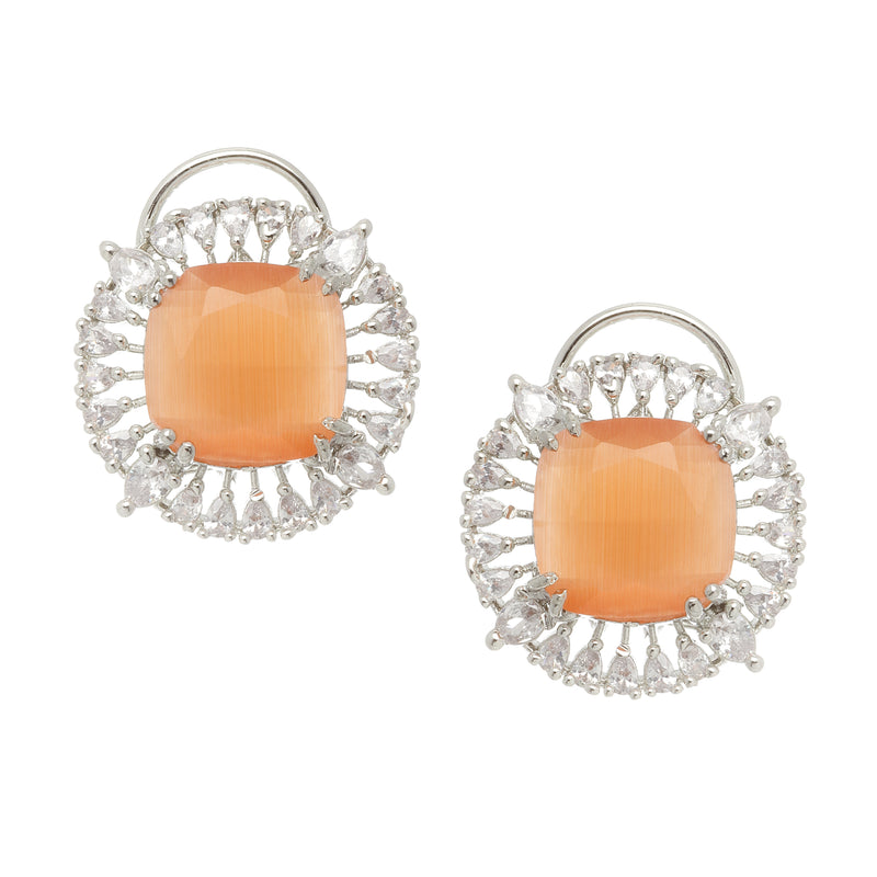 Rhodium-Plated Orange & White American Diamond studded Contemporary Round Stud Earrings