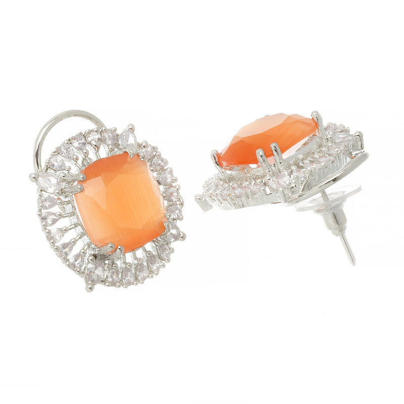 Rhodium-Plated Orange & White American Diamond studded Contemporary Round Stud Earrings