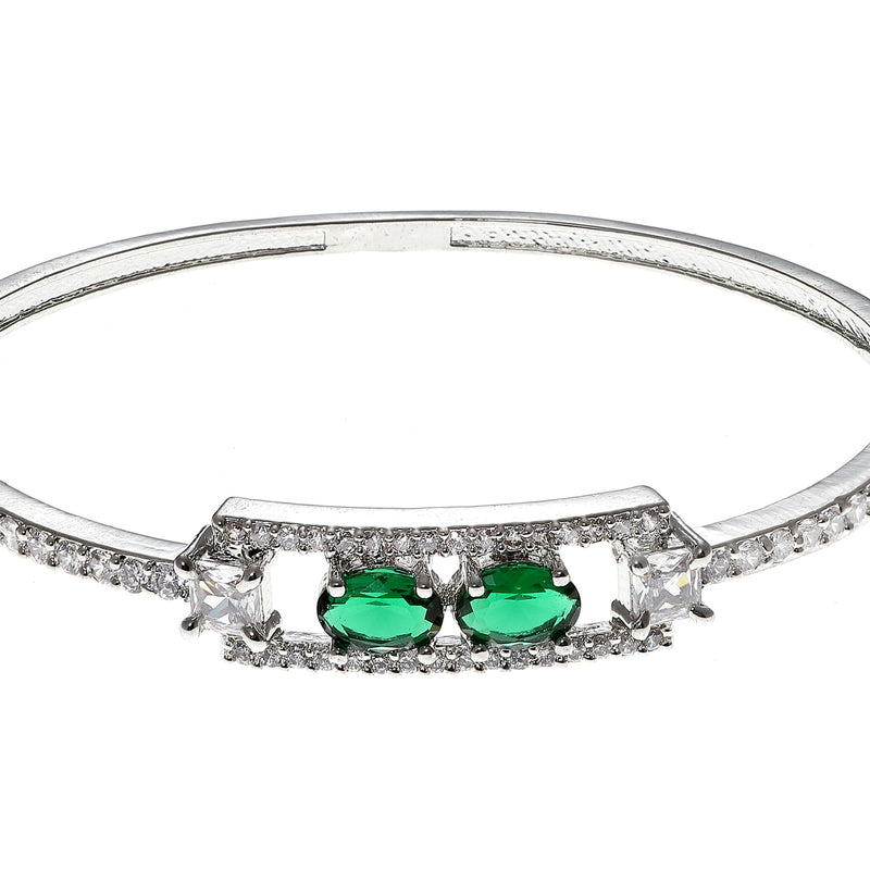 Rhodium-Plated Silver Toned Emerald Green American Diamond Studded Kada Bracelet