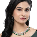 Rhodium-Plated Green American Diamond Studded Teardrop & Crescent Shaped Necklace with Earrings Jewellery Set
